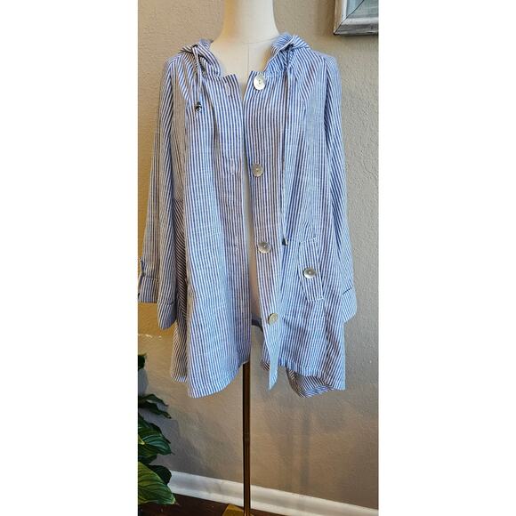 Jones New York Linen Stripe Beach Pearl Button Hooded Jacket Women Size XL Multi - Picture 1 of 7